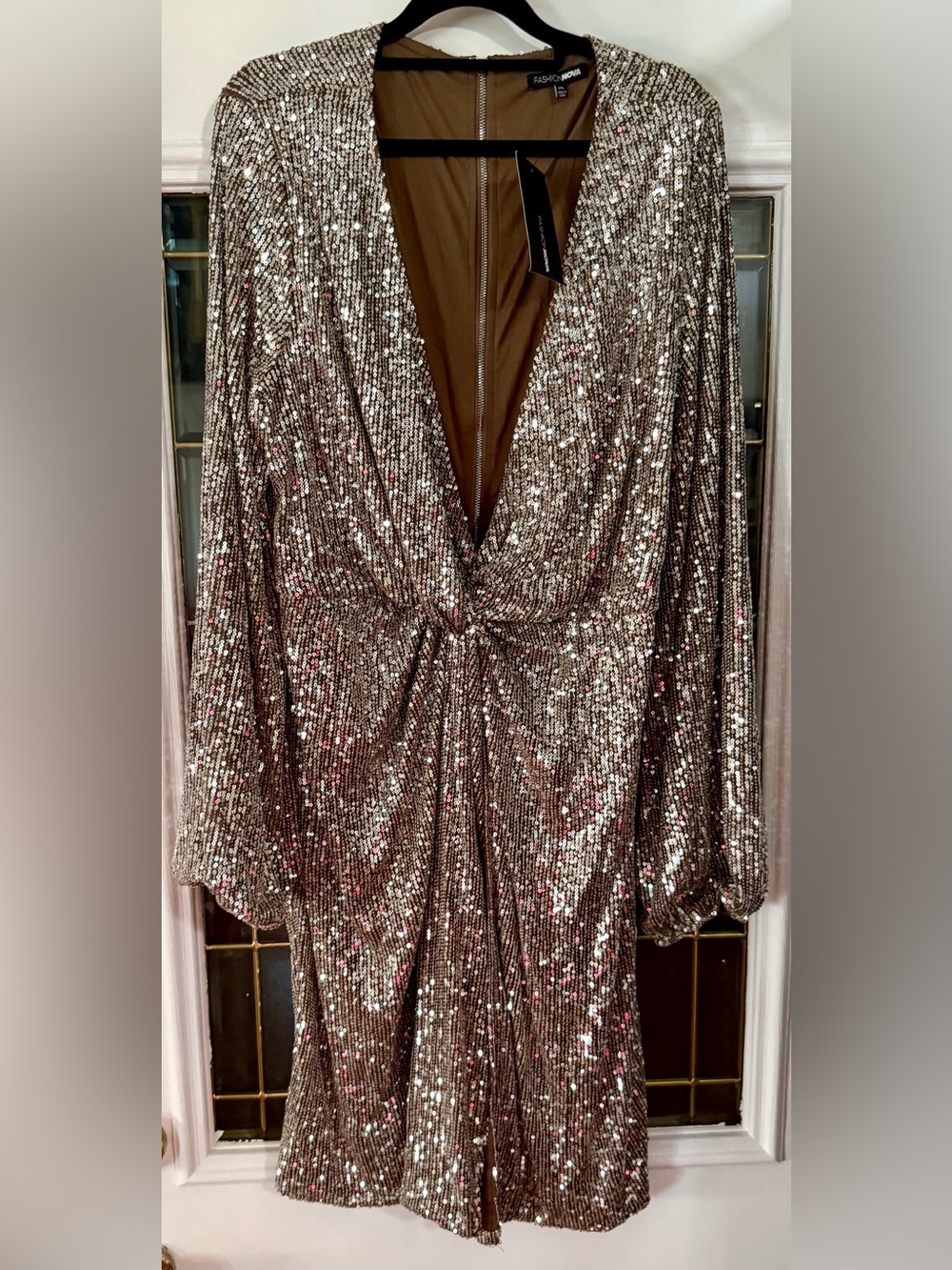 NEW Fashion Nova Silver Sequin Twist-Front Long Sleeve Dress